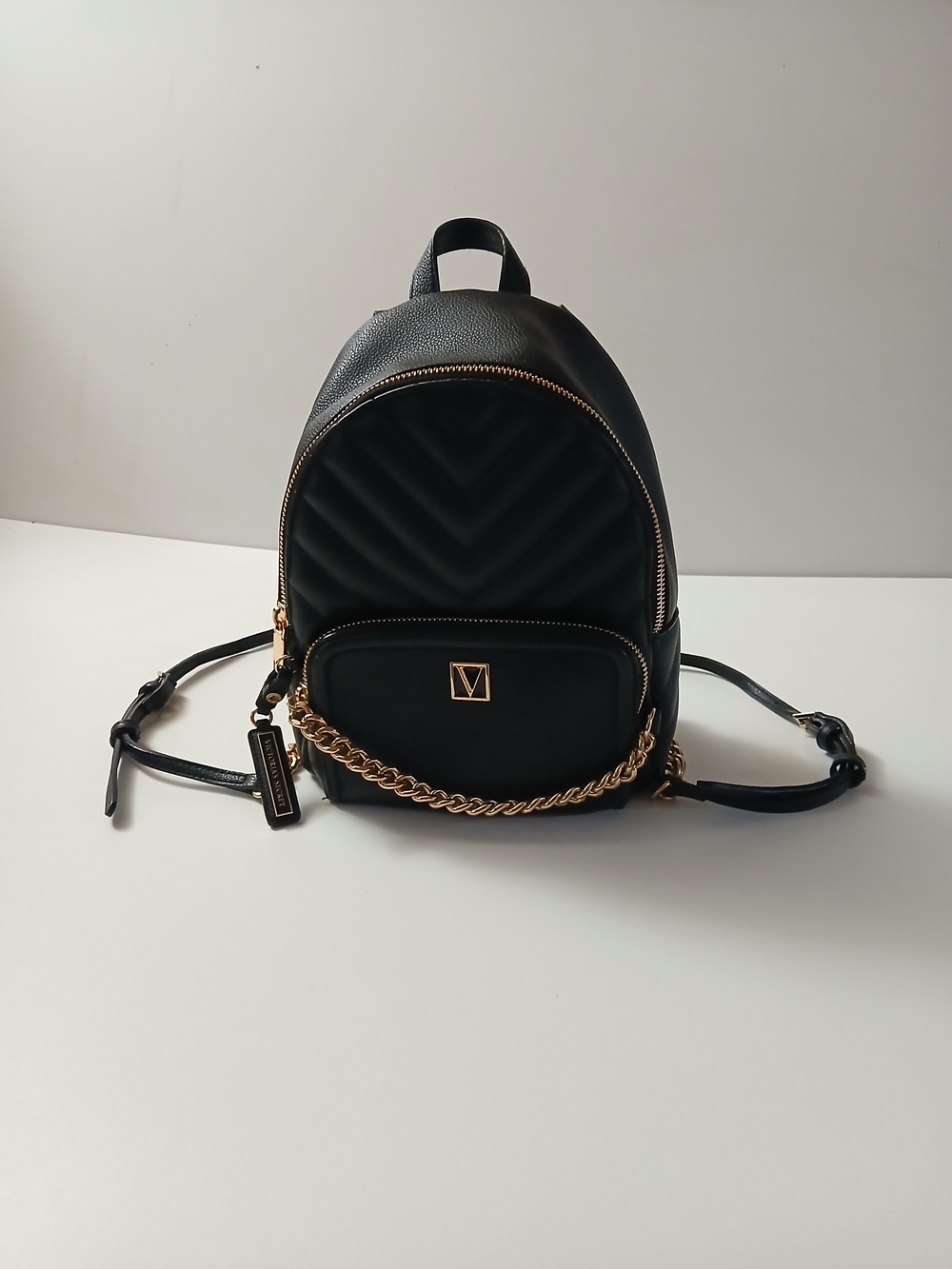 Victoria's Secret Black V Quilt Pattern Mini Backpack with Gold Chain